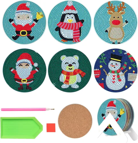 MVVMTOP 6 posavasos de pintura de diamantes con soporte dimensional, posavasos de Navidad, kits de arte de diamantes antideslizantes para