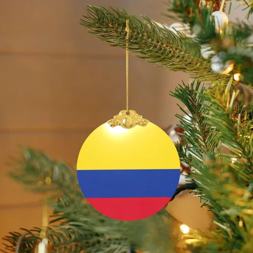 Miniatura 6 de Colgante redondo de adorno navideño de cristal con estampado de bandera de Colombia con detalles dorados y plateados para colgar la decoración