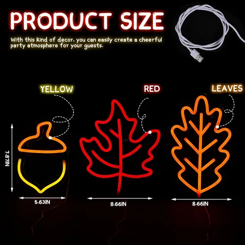 Miniatura 2 de ROCEEI 3 piezas de letrero de neón de Acción de Gracias 2026, luces de ventana de otoño, decoración de otoño, hojas de arce, bellota, luces LED