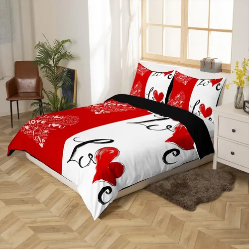Miniatura 2 de Juego de funda de edredón para parejas, juego de ropa de cama de corazón de amor rojo, juego de funda de edredón romántica para boda, regalo