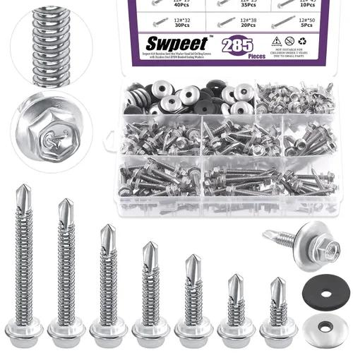 Miniatura 8 de Swpeet 70 tornillos autoperforantes de acero inoxidable 410 #12 x 3/4 pulgadas con cabeza hexagonal de arandela con acero inoxidable #12 x 3/4