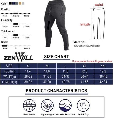 Miniatura 6 de ZENWILL Pantalones de entrenamiento cónicos para hombre, pantalones deportivos de entrenamiento ajustados con bolsillos con cremallera