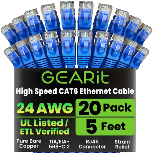 Paquete de cables Ethernet Cat 6 GEARit - Pack de 20 cables de conexión Ethernet de 5 pies Cat6 | Cable de conexión de red RJ45, conectores dorados