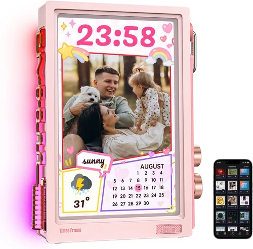 Divoom Times Frame - Marco de fotos digital WiFi de 10.1 pulgadas con 64 GB, aplicación gratuita sin tarifas de suscripción, soporta carga de Rosa
