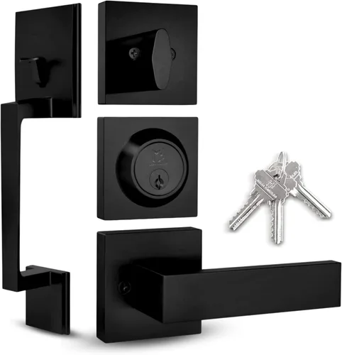 Mega Handles - Juego de manijas de puerta de entrada TOBELLE en acabado negro mate - Manija de un solo cilindro con palanca para puertas de entrada