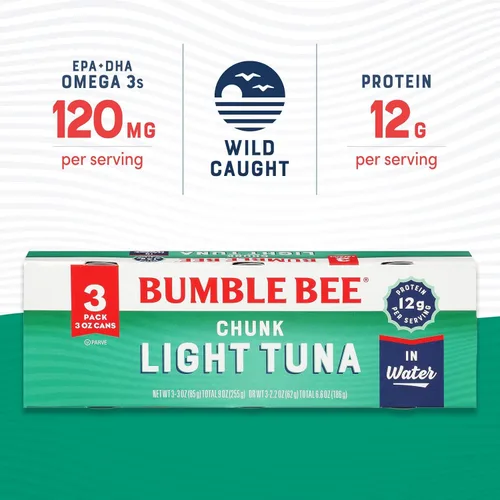 Miniatura 3 de Bumble Bee Chunk Light Atún en agua, latas de 3 onzas (paquete de 3) – Atún salvaje – 0.42 oz de proteína por porción – Mariscos sostenibles