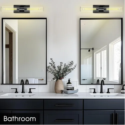 Miniatura 9 de Apliques de Pared Negros, 22.8" Apliques de Baño, Iluminación de Pared con Apliques de 2 Luces, Juego de Dos Apliques de Pared de Bronce, Luces