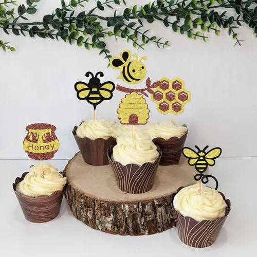 Miniatura 3 de Ercadio 24 piezas de decoración de cupcakes de abeja con purpurina de nido de abeja y miel para temática de abejas, baby shower, niños y niñas