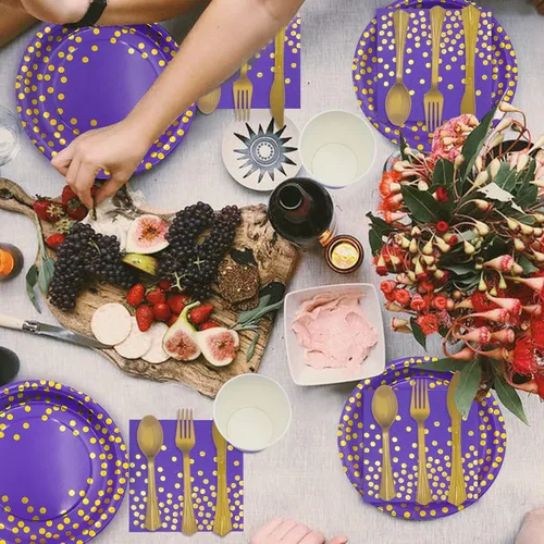 Miniatura 4 de AIRE 350 PCS Platos de Papel Morado Dorado Suministros de Fiesta para 50 Invitados Decoraciones de Fiesta Vajilla Desechable Platos de Papel Tazas