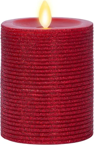 Luminara Vela de llama artificial realista con purpurina metálica roja horizontal (3 x 4.5 pulgadas) con llama móvil, funciona con pilas, sin