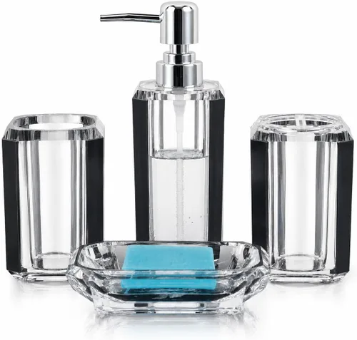 4 piezas de juego de accesorios de baño de acrílico premium, botella de desinfectante de manos, can de loción para baño, caja de jabón de botella