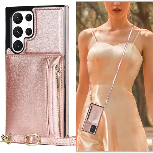 UEEBAI Funda tipo cartera cruzada para Samsung Galaxy S22 Ultra 5G, de piel sintética, con cremallera, con ranuras para tarjetas, con correa de Oro