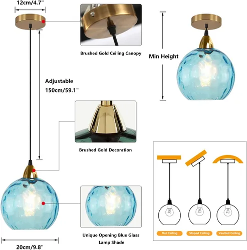 Miniatura 2 de BOKT Moderna Lámpara Colgante de Vidrio Azul Accesorio de Luz Latón Cepillado Dorado Globo Iluminación Colgante 1 Luz Bola Grande Redonda Lámpara