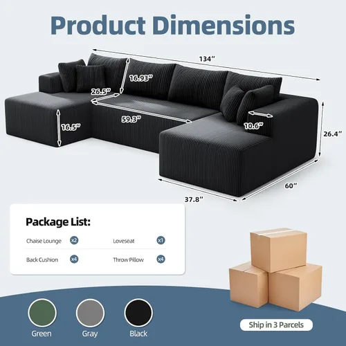 Miniatura 2 de Cloud Couch Sofá Seccional en Forma de U, Sofás Modulares Blandos de 134 pulgadas para Sala de Estar, Sofá de Asiento Profundo de Pana con 2 Chaise