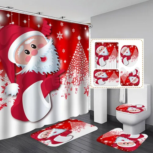 Miniatura 10 de Juego de 4 cortinas de ducha con alfombra antideslizante, cubierta para tapa de inodoro y tapete de baño, cortina de ducha de Papá Noel con 12