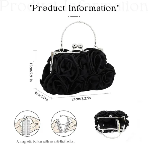 Miniatura 4 de Bolso de mano de noche para mujer, diseño floral, de satén, bolsos pequeños con correa desmontable, para bodas, fiestas, bailes de graduación