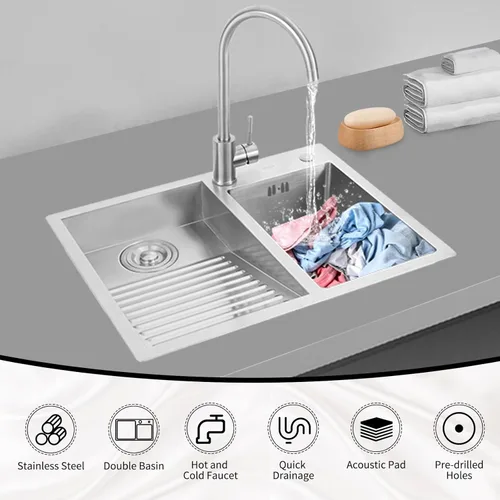 Miniatura 8 de Fregadero de lavandería de 2 lavabos para el hogar con lavabo con tabla de lavar y grifo, fregadero de acero inoxidable para lavanderías, baños