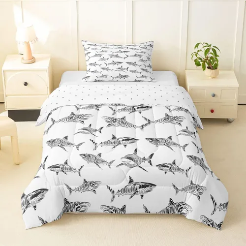 Miniatura 39 de Erosebridal Juego de edredón de tiburón, tamaño individual, juego de ropa de cama de vida oceánica para niños y niñas, color verde azulado