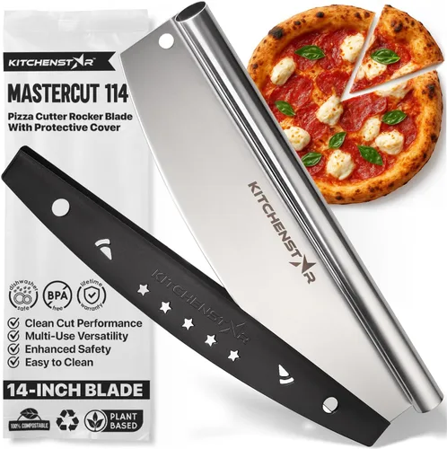 KitchenStar Cortador de Pizza con Cuchilla Basculante de 14 Pulgadas - Cuchillo Rebanador Afilado de Acero Inoxidable, Cubierta Protectora, Apto