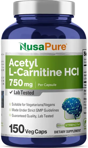 NusaPure Acetil L-carnitina 750 mg por cápsula 150 cápsulas vegetales (sin OMG, sin gluten) Acetilo L Carnitina HCL de alta potencia (ALCAR)