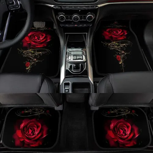 Miniatura 4 de Juego de 4 alfombrillas decorativas para automóvil, diseño floral de rosas rojas, diseño de flores y diseño de flores, alfombras decorativas