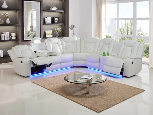 Miniatura 35 de Juego de sofá de cuero transpirable con puerto USB, 5 sofás seccionales reclinables en forma de L y 2 sillas, juego de sofá seccional reclinable