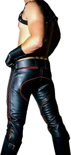 Miniatura 3 de Pantalones de cuero occidentales de vaquero de moda tradicional nativo americano Lederhosen Biker Pantalones de cuero para hombres