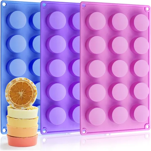 Moldes de jabón, cilindro redondo de silicona, 3 paquetes, 15 cavidades para aperitivos, chocolate, dulces, galletas, cera, pequeña cera, derretida,