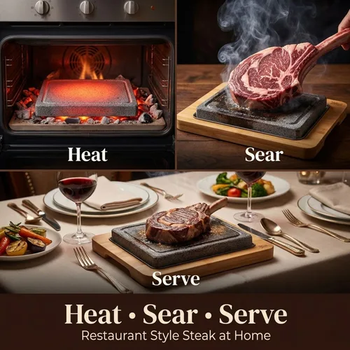 Miniatura 4 de Artestia Piedra de lava para bistec con 2 piedras, piedras para asar de mesa Hot Rock para Wagyu con bandeja de bambú, mini piedras para asar pizza