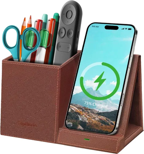 Miniatura 10 de TopMade Cargador inalámbrico con soporte para lápiz para bolígrafo, organizador de mesita de noche de escritorio multifuncional de cuero, estación