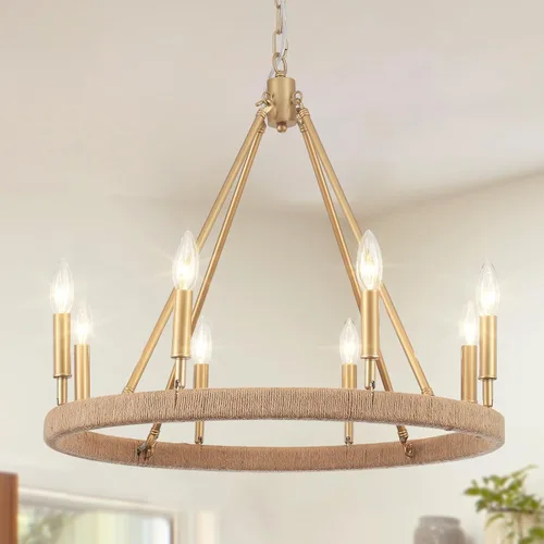 Candelabro dorado de 24 pulgadas, 8 luces doradas para comedor, lámpara colgante redonda rústica para sala de estar, vestíbulo, entrada, techo alto