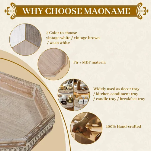 Miniatura 8 de MAONAME Bandeja de Madera para Servir, Bandeja de Madera Estilo Granja con Cuentas, Bandeja Octogonal para Servir Blanca Lavada, Bandeja de Mesa
