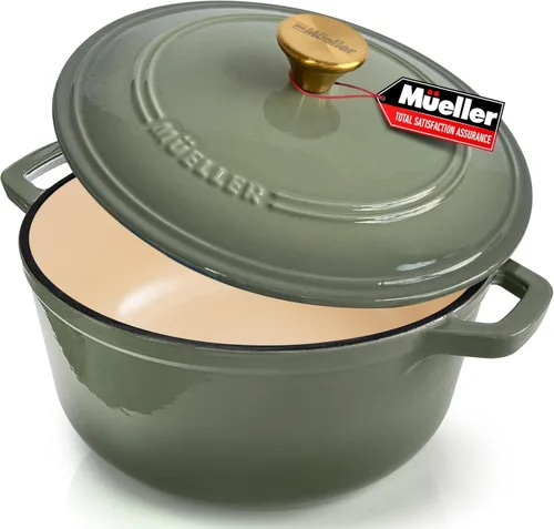 Miniatura 11 de MÜELLERHOME Horno holandés de hierro fundido esmaltado, 6 cuartos de galón, resistente, cazuela con tapa y perilla de acero inoxidable, para todas