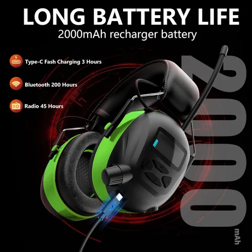 Miniatura 4 de Bluetooth 6.0 AM/FM Hearing Protection, Radio Headphones with Digital Display, 30 SNR Noise Reduction Safety Earmuffs with Rechargeable 2000 mAh