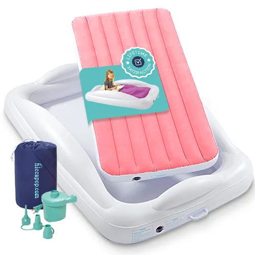 Miniatura 12 de hiccapop Cama inflable de viaje para niños pequeños con parachoques de seguridad [4 lados], cama portátil para niños, colchón de aire para niños