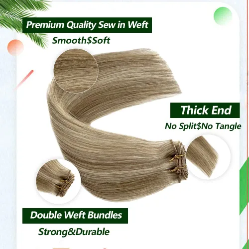 Miniatura 5 de Extensiones de trama de cabello humano real, para coser, con mechas rubias, cabello Remy marrón cenizo mezclado con rubio platino, atado a mano - 14