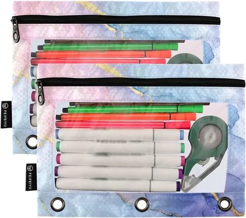 Miniatura 2 de SHJI Bolsas para carpetas, bolsa de lápices de mármol rosa y azul para carpeta de 3 anillas, paquete de 2 bolsas transparentes con cremallera