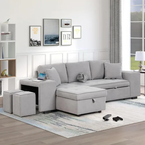 Miniatura 11 de Sofá cama modular reversible de 104.5 pulgadas con cama extraíble, sofá modular convertible en forma de L con diván de almacenamiento y 2 taburetes