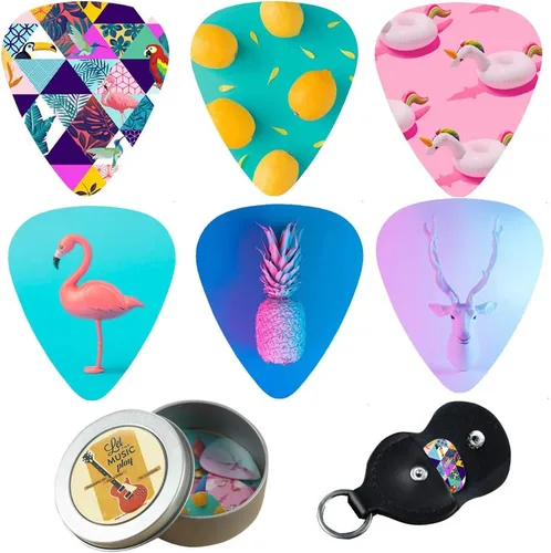 Miniatura 12 de Púas de guitarra Cheliz 12 púas de celuloide de calibre medio en una caja con soporte para púas. Regalo único de guitarra para bajo, guitarras Van