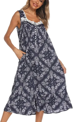 Miniatura 4 de AVIIER - Camisones de algodón para mujer, sin mangas, vestido largo con bolsillos para estar en casa, S-XXL