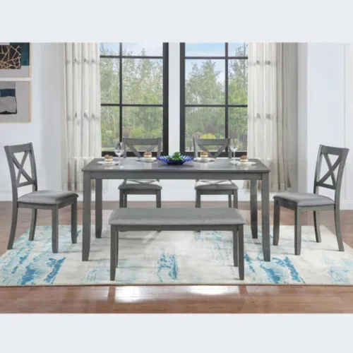 Miniatura 2 de Juego de mesa de comedor de 6 piezas para 4-6 personas, juego de cocina con 4 sillas tapizadas y un banco, sillas de sala de estar con respaldo