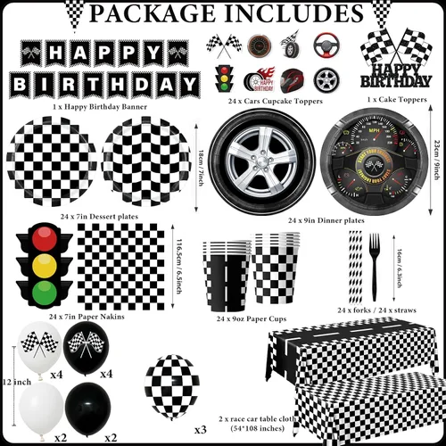 Miniatura 5 de Juego de vajilla de 187 piezas para decoración de fiesta de cumpleaños de coche de carreras, incluye platos de fiesta de autos de carreras