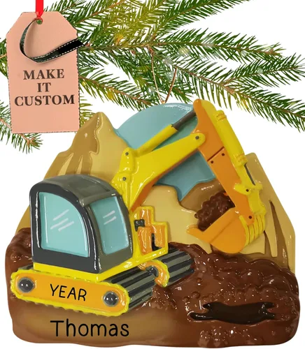 Adorno personalizado de excavadora 2026 | Adornos de Navidad personalizados con láser grabados con láser para árbol | Regalo de recuerdo de vehículo