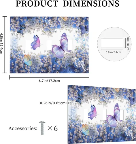 Miniatura 5 de Cubierta de interruptor de luz de 3 cuadrillas con diseño de flores azules púrpuras, cubierta de placa de pared de triple palanca, arbustos florales