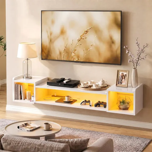 Miniatura 10 de Romorgniz - Soporte de TV flotante de 55.1 pulgadas de ancho con luces LED y tomas de corriente para televisores de 50, 55, 60, 65 pulgadas, centro