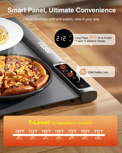 Miniatura 2 de iTRUSOU Estera de Calentamiento de Alimentos 25.2x16 – Bandeja Eléctrica Enrollable Extensible con 7 Ajustes de Temperatura, Temporizador de 99H,℃/℉