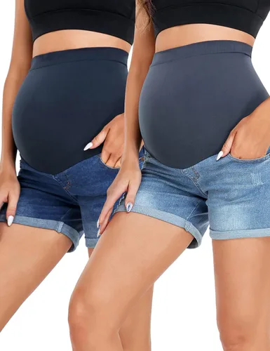HOFISH Pantalones cortos elásticos de maternidad para mujer, sobre el vientre, cómodos, pantalones cortos de mezclilla, pantalones cortos casuales