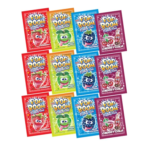 Tiltay Pop Boom Popping Candy - Surtido de 4 sabores, fresa, cereza cola, manzana verde, frambuesa azul, 12 paquetes