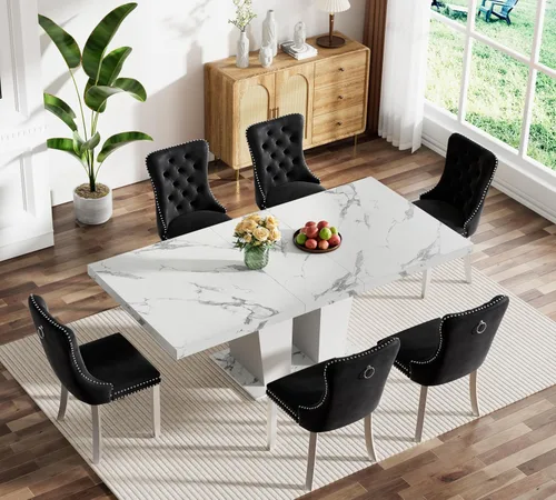 Miniatura 112 de Juego de mesa de comedor extensible marrón de 63 a 78.74 pulgadas para 4, juego de mesa de comedor de 5 piezas con 4 sillas, mesa de cocina