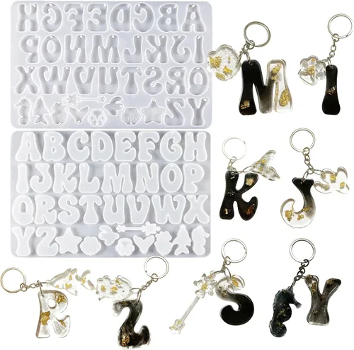 YRIHJIXQ Molde de silicona para letras de resina Moldes de resina epoxi con agujeros A-Z, 0-9, moldes de fundición de llaveros